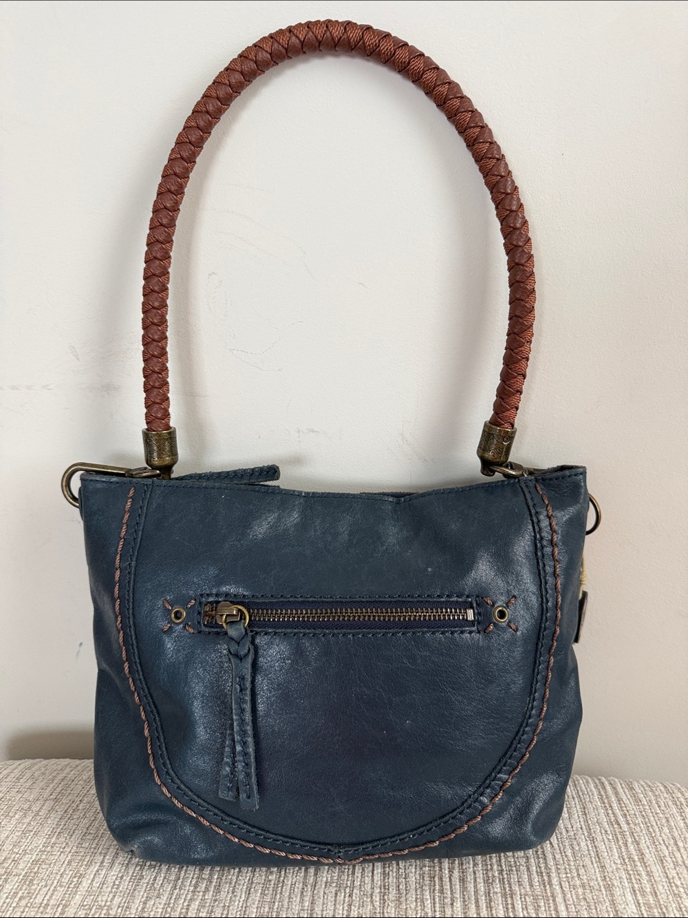 The Sak Indio Blue Leather Hobo Shoulder Bag Brown Braided Handle Boho Purse